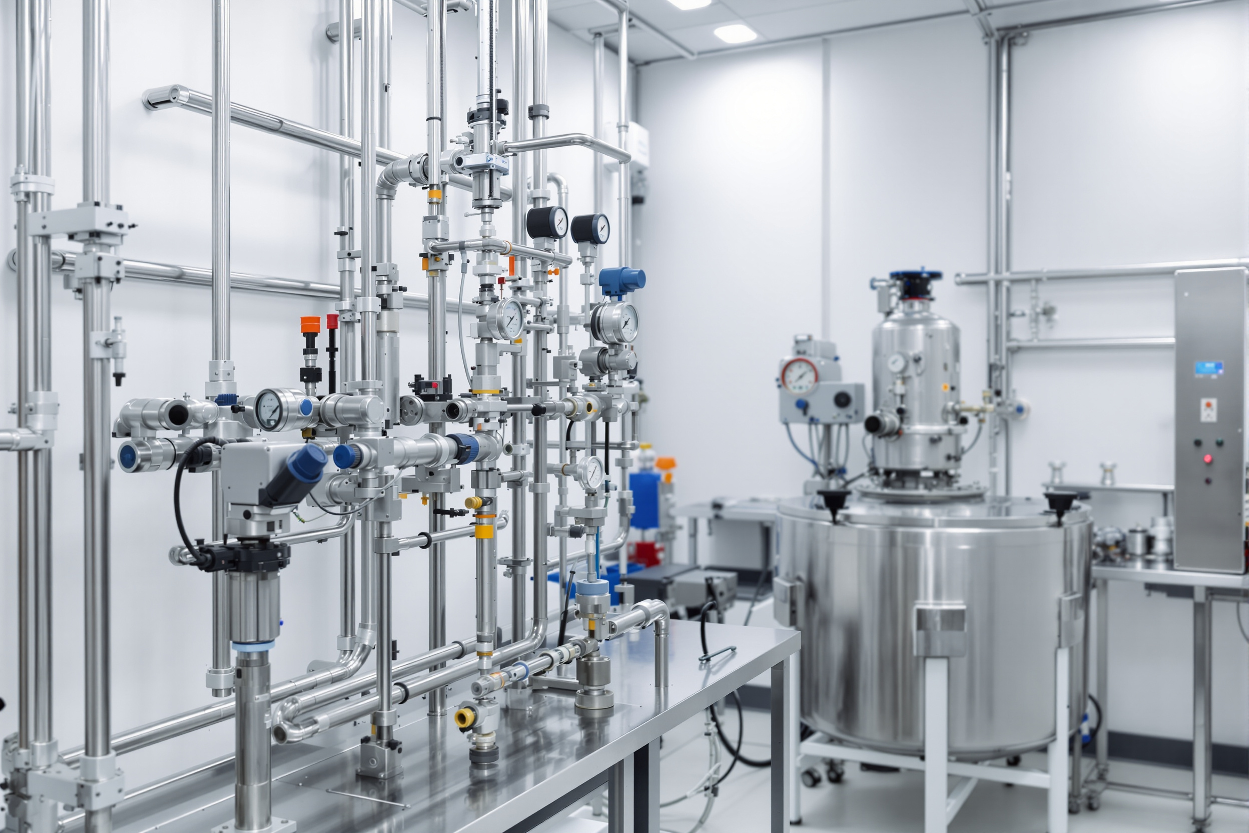 Flow calibration laboratory with a stainless steel test rig and reference meters