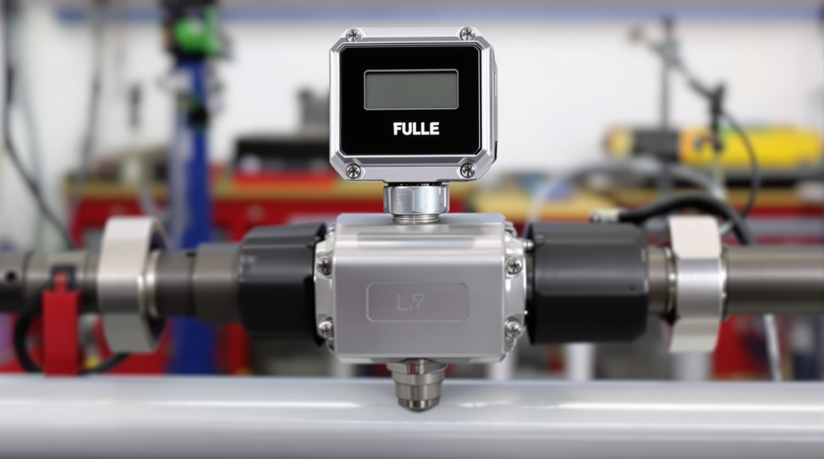Small oval-gear flow meter with a digital LCD register mounted inline on a 1-inch fuel pipe
