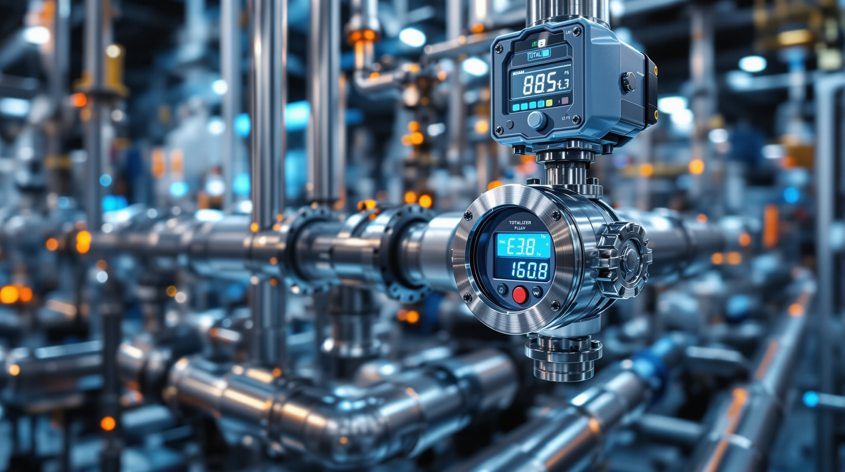Stainless steel industrial flow measurement skid with an inline flow meter and digital totalizer