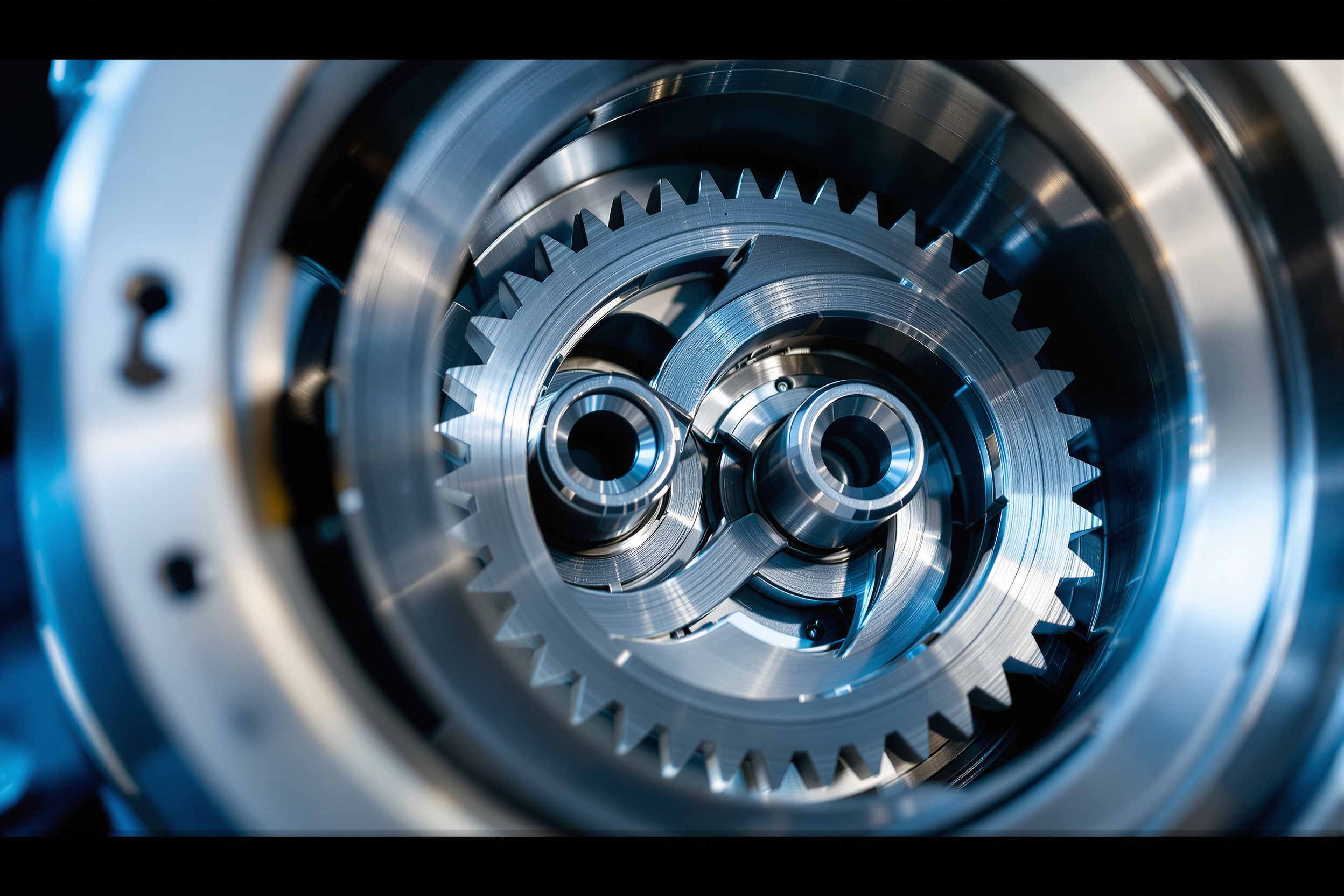 Cutaway view of two interlocking oval gears inside a positive-displacement flow meter