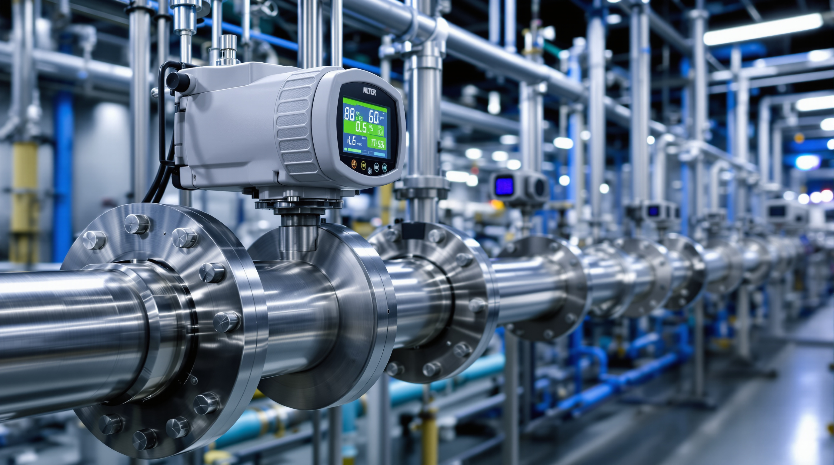 Modern electromagnetic flow meter with transmitter and display on a stainless process pipeline