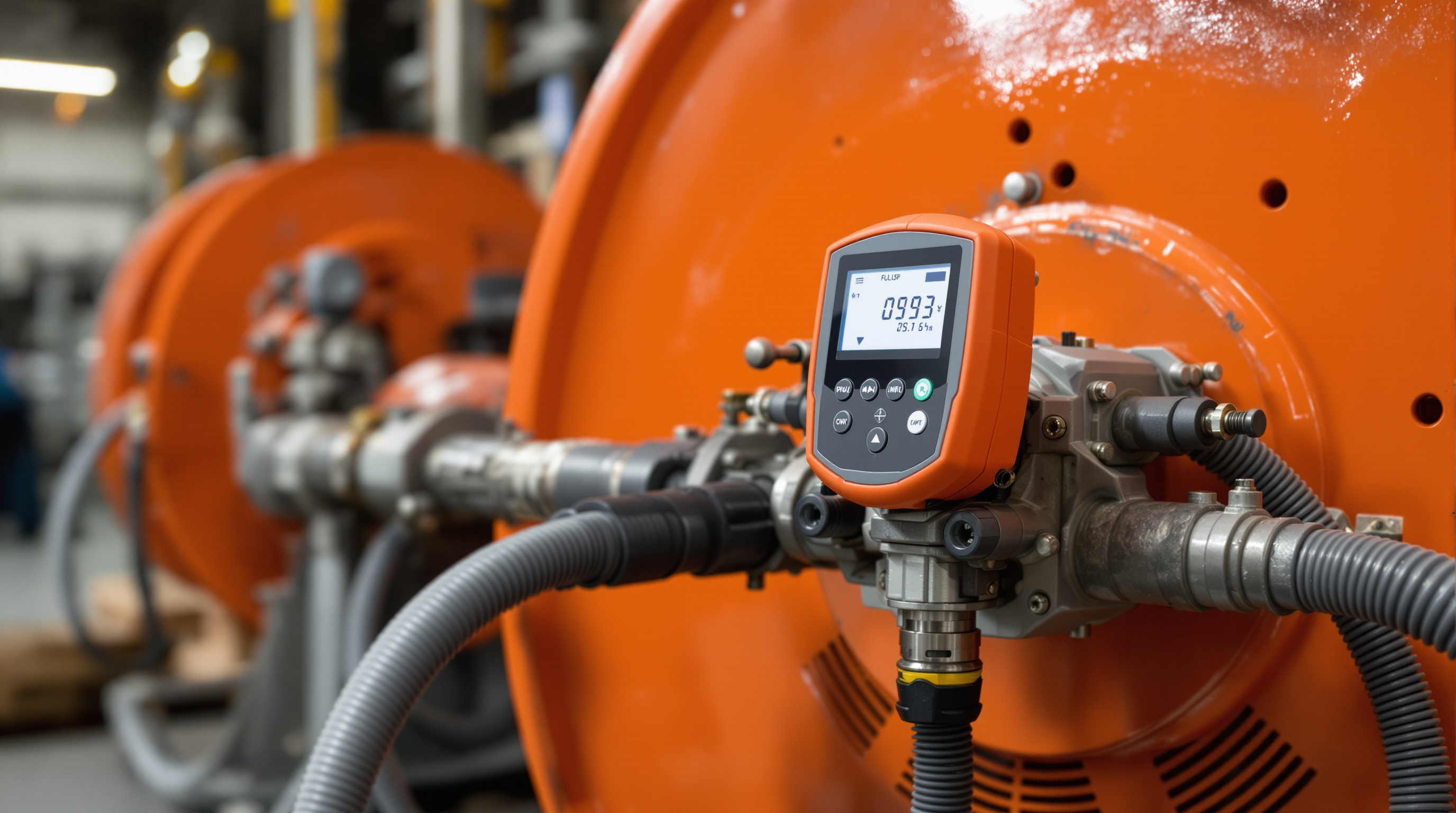 Compact oval-gear flow meter with digital display mounted inline on a diesel transfer setup