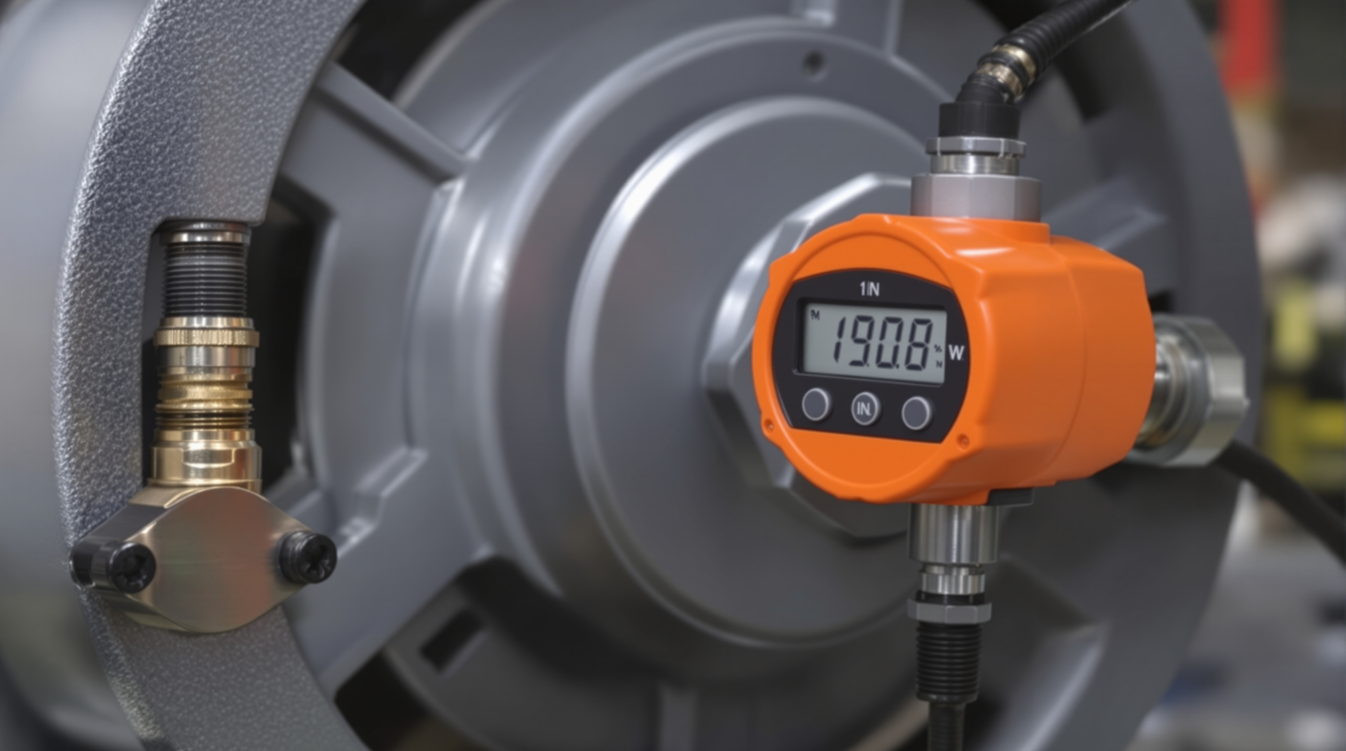Compact 1-inch oval-gear flow meter with digital display on an oil dispensing line