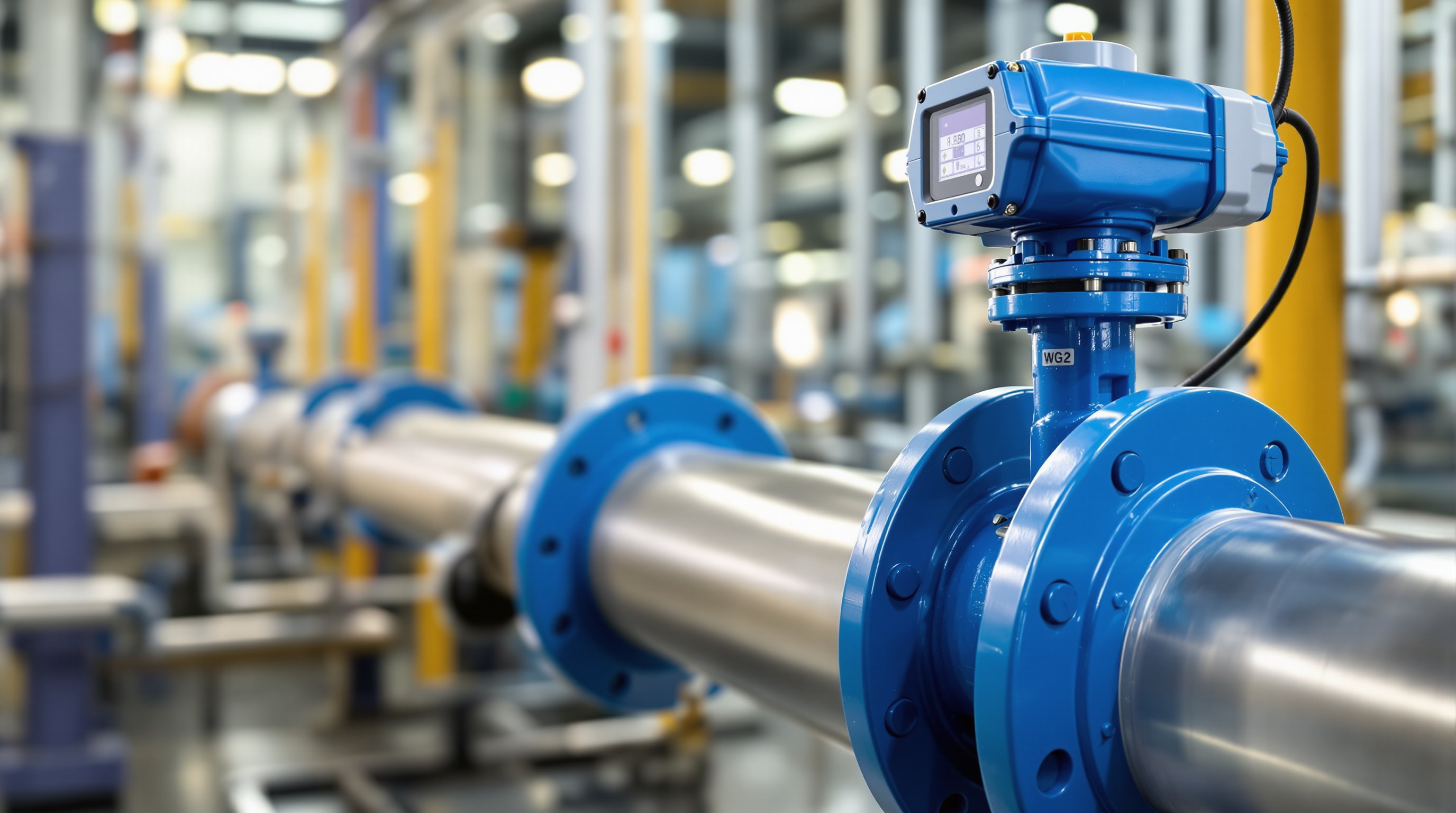 Flanged electromagnetic flow meter installed on a large industrial water pipe with a transmitter head