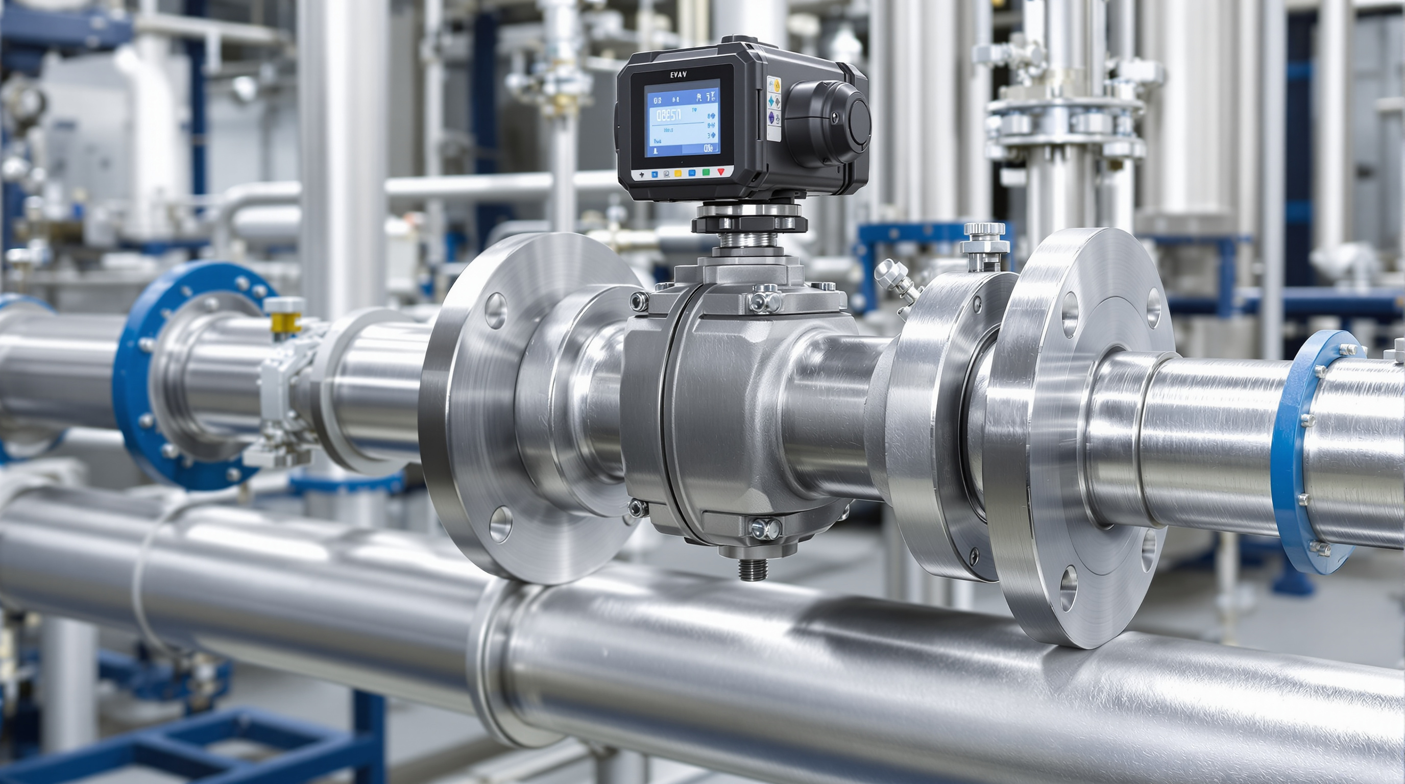 Wafer-style electromagnetic flow meter clamped between two pipe flanges with an integrated electronics head