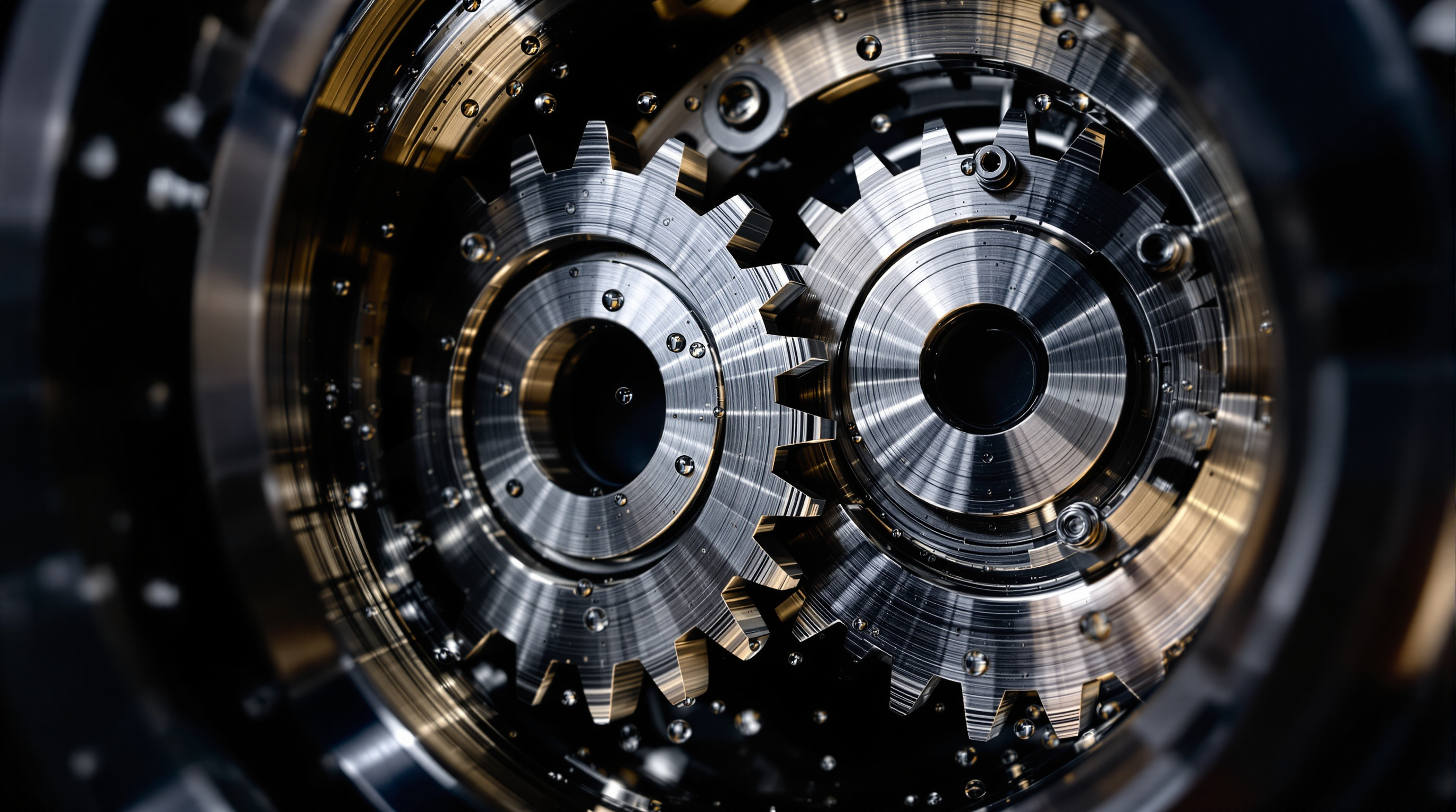 Close-up of two meshing oval gears inside a stainless steel oval-gear flow meter