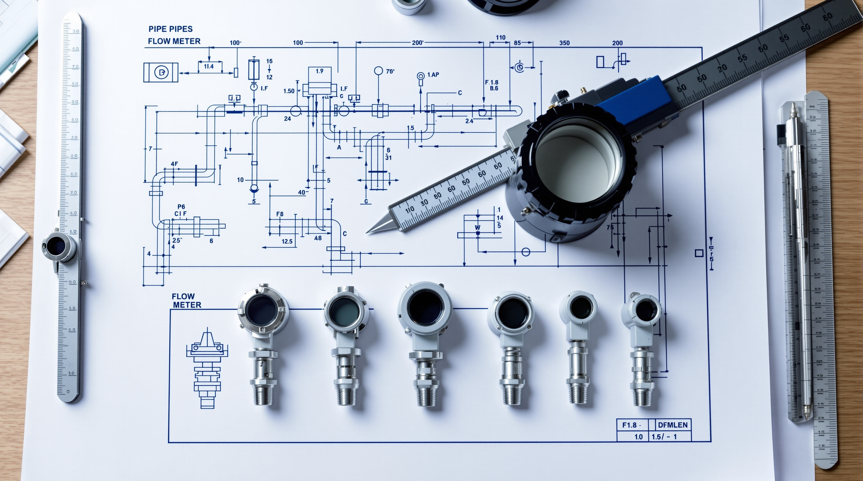 Flat lay of a pipe schematic, caliper and several flow meter samples laid out for comparison