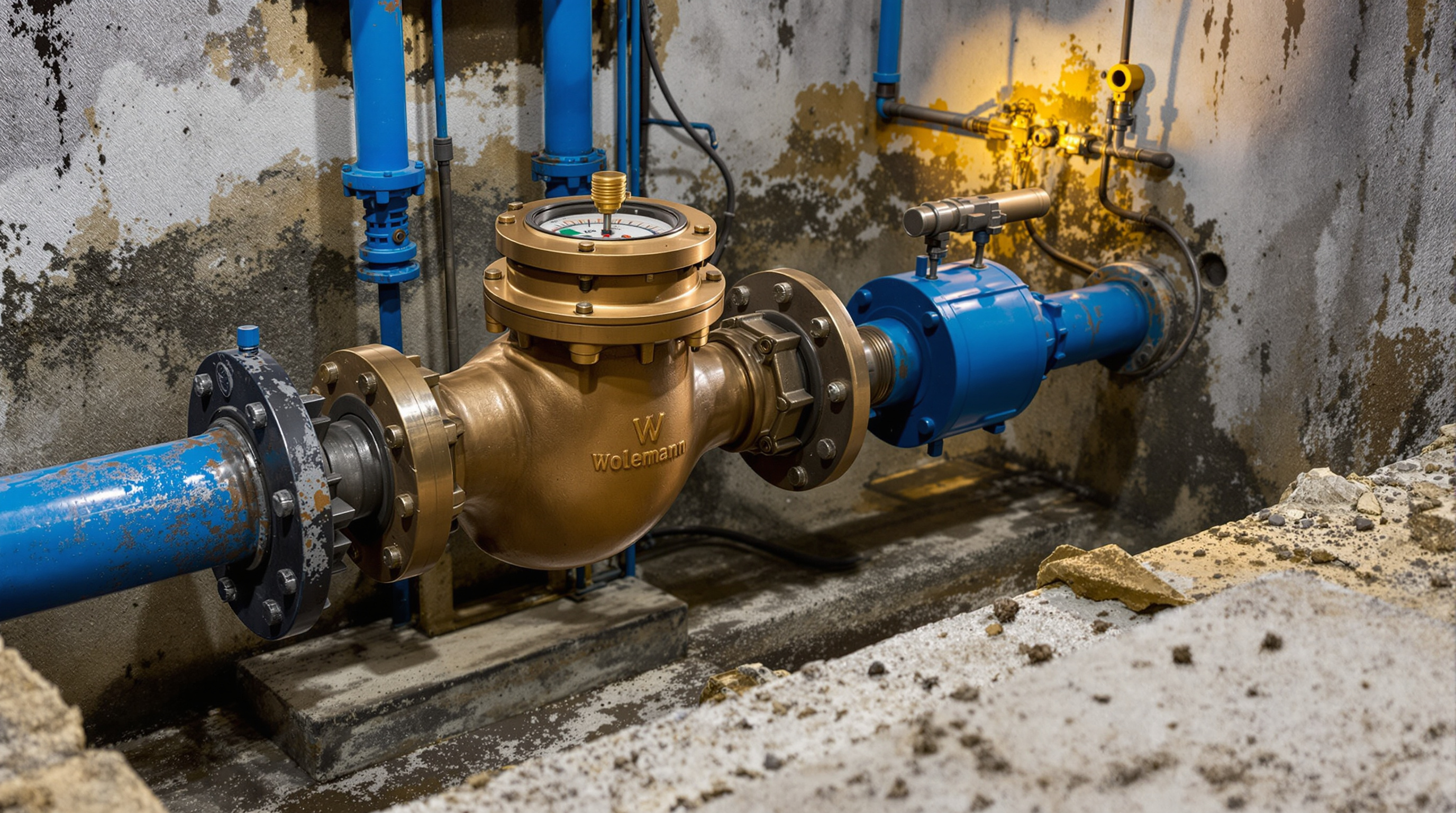 Large bronze Woltmann helix water meter installed on a municipal water main