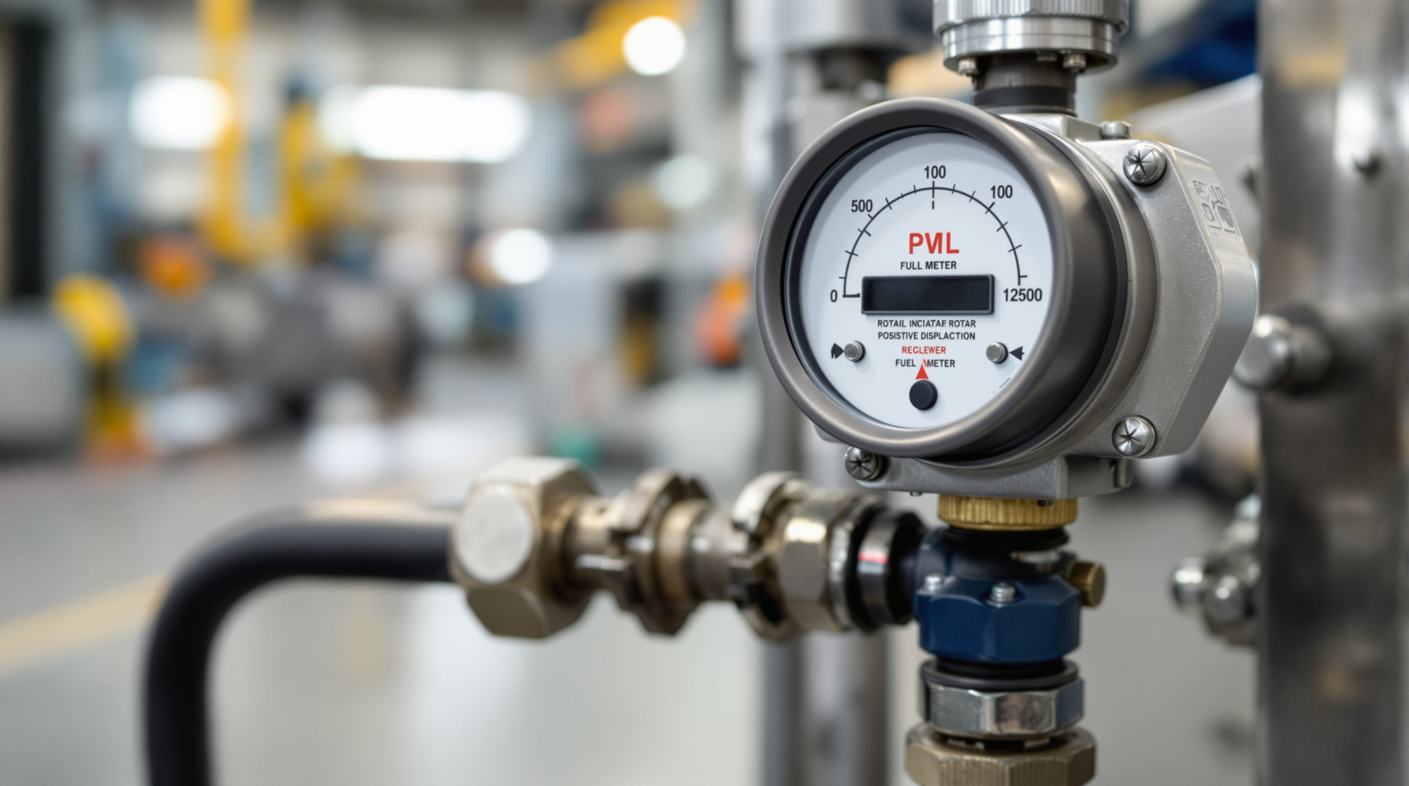 Small rotary positive-displacement fuel meter with a mechanical register dial on a 1-inch diesel line