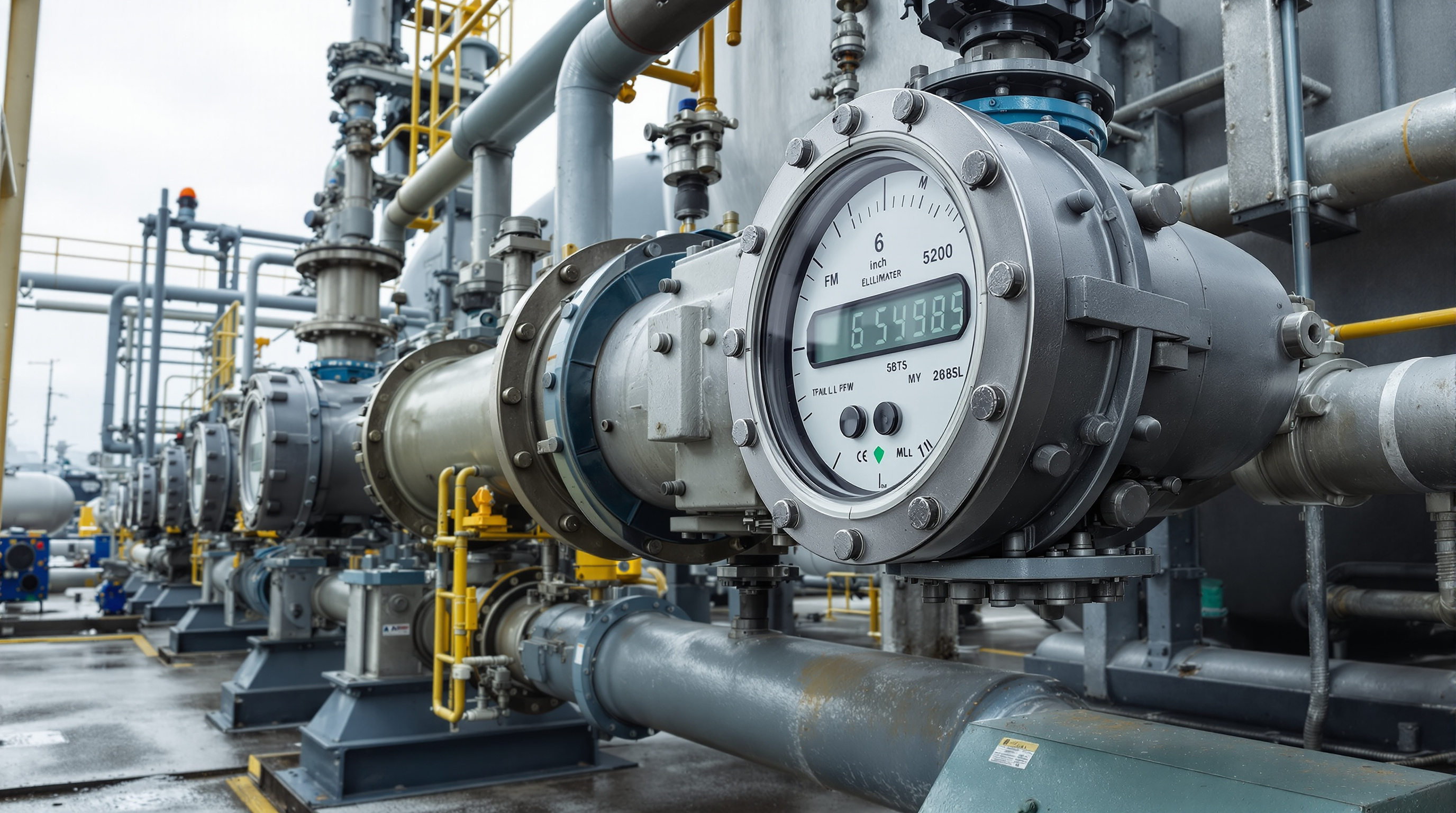 Large 6-inch flanged positive-displacement fuel meter on a tanker loading rack with air eliminator