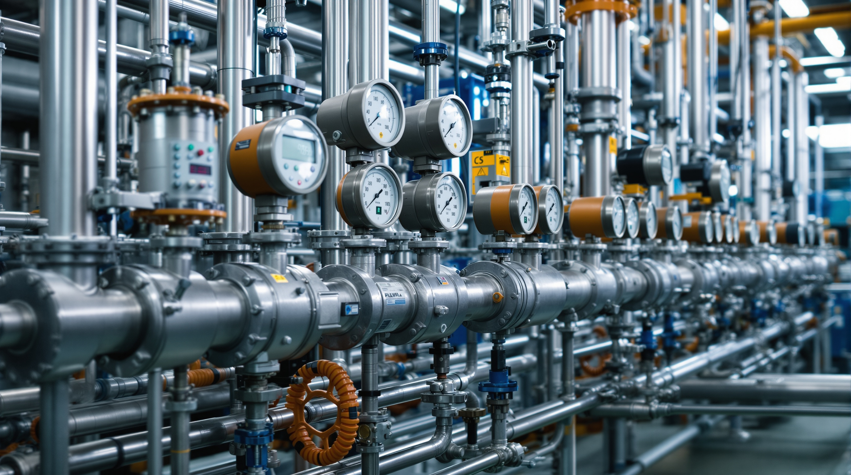Industrial pipe manifold with several different inline flow meters mounted side by side